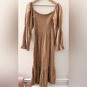 QUINCE Organic Cotton Gauze Maternity Smocked Midi Dress long sleeve square neck